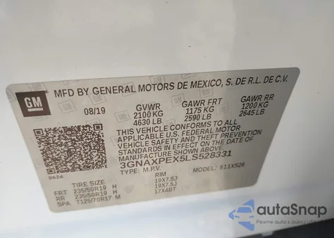 2020 Chevrolet Equinox Fwd Premier 2.0L Turbo из США, поврежденный, VIN 3GNAXPEX5LS528331